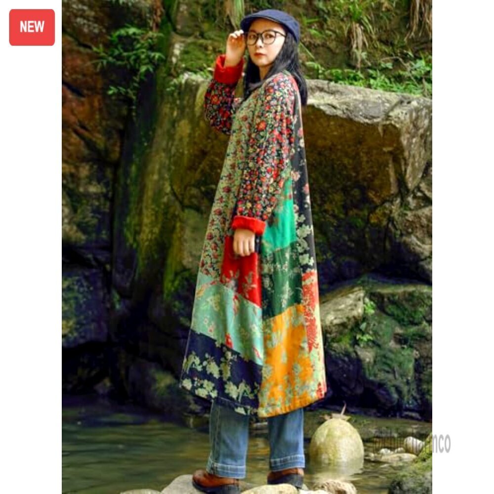 Women's Patchwork Trench Coat Cotton Linen Duster Boho Cottagecore - Picture 3 of 7